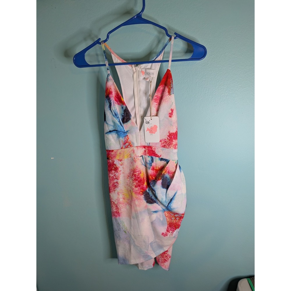 L'atiste Watercolor Floral Mini Dress V-Neck Cage Back LD9528Y Small NEW